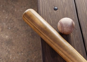 Wooden bat and baseball on bench