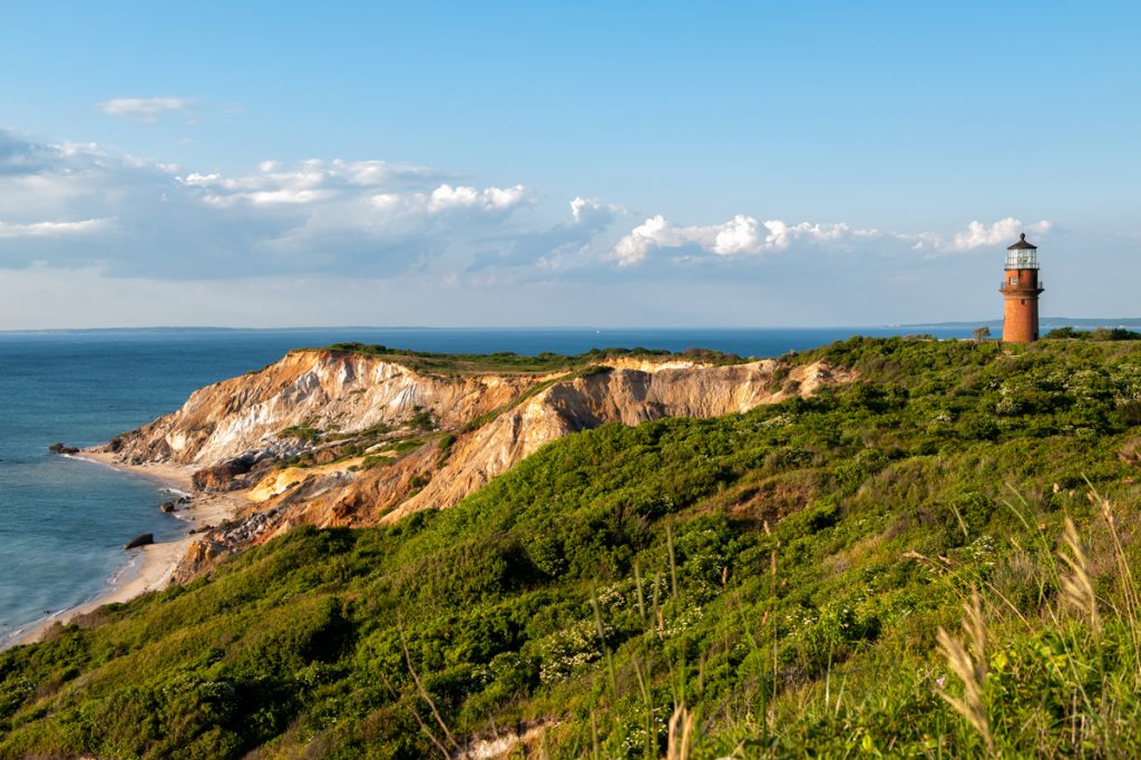 Gay Head Light and Aquinnah Cliffs at Martha's Vineyard, MA. The current lighthouse was first lit in 1856.
