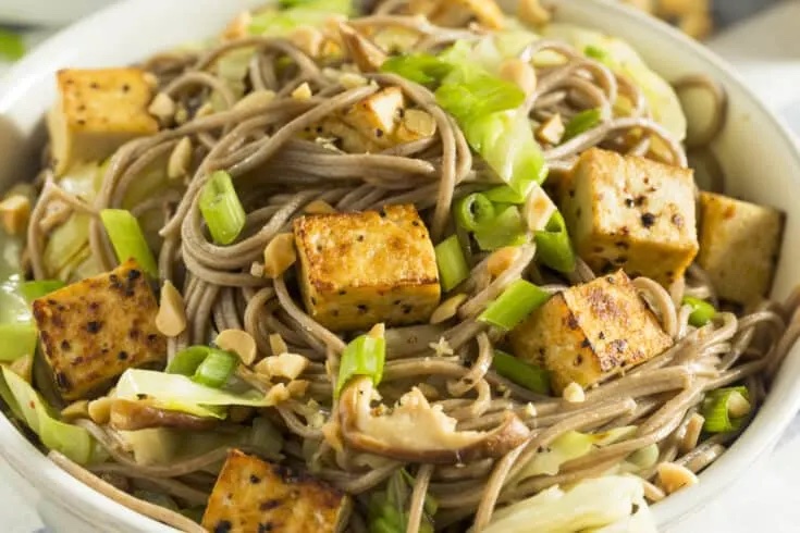 Spicy Peanut Sauce over tofu and noodles